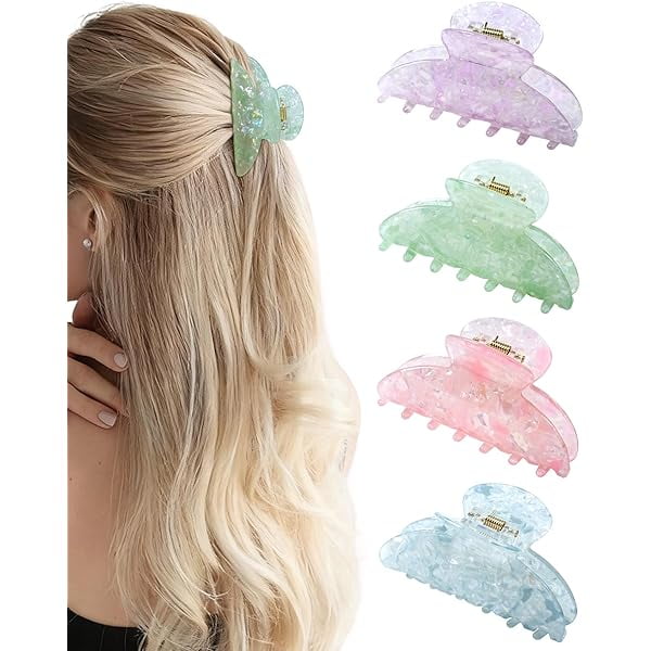 wonima11 4 Pack Acrylic Hair Claw Clips for Women, 3.1 Inches Shiny Cute Hair Grip Hairclips for Thin and Thick, Banana Barrettes Hair Clups Strong Hold Hair Accessories (Blue, Green, Purple, Pink)