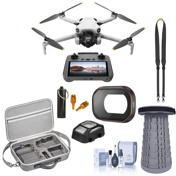 DJI Mini 4 Pro Drone with RC 2 Remote Controller, Bundle with Strobe Anti-Collision Light, Portable Telescoping Stool/Chair, Joysticks, UV Filter, Lanyard Neck Strap, Cleaning Kit and Case