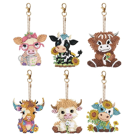 6Pcs Cow Diamond Painting Keychain Kit - Colorful Cute Cow Sunflower DIY Art Charm Key Ring for Bag Decor, Kids Craft & Gift