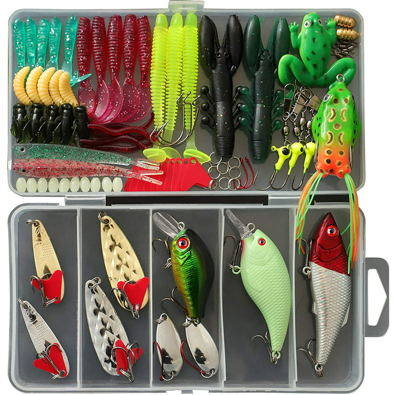94Pcs Fishing Lures Kit Set for Bass, Trout, Salmon, Including Spoon Lures,  Soft Plastic Worms, CrankBait, Jigs, Topwater Lures 