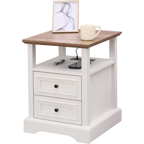 ALBAD Farmhouse Nightstand with Charging Station Rustic Bedside Table with 2 Drawers and Open Shelf Side Table with Metal Handle for Bedroom Office, Antique White