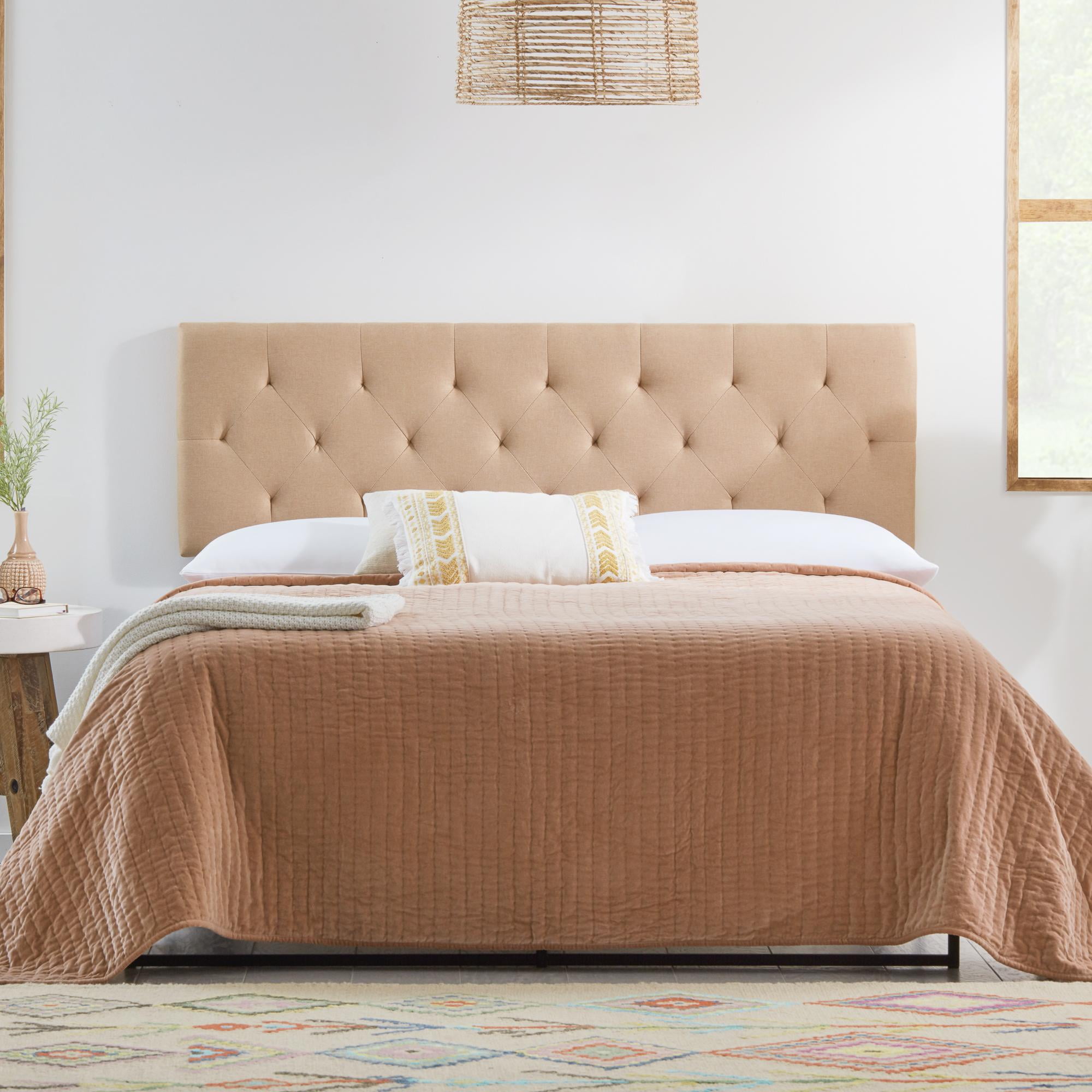 Rest Haven Upholstered Diamond Tufted Mid Rise Headboard, Queen, Beige