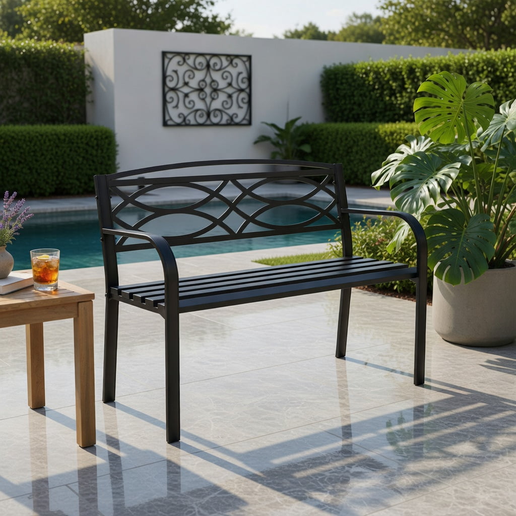 Hommoo Modern Metal Garden Bench with Curved Armrests & Contoured Backrest, Outdoor Patio Bench for Yard, Poolside or Deck, Black