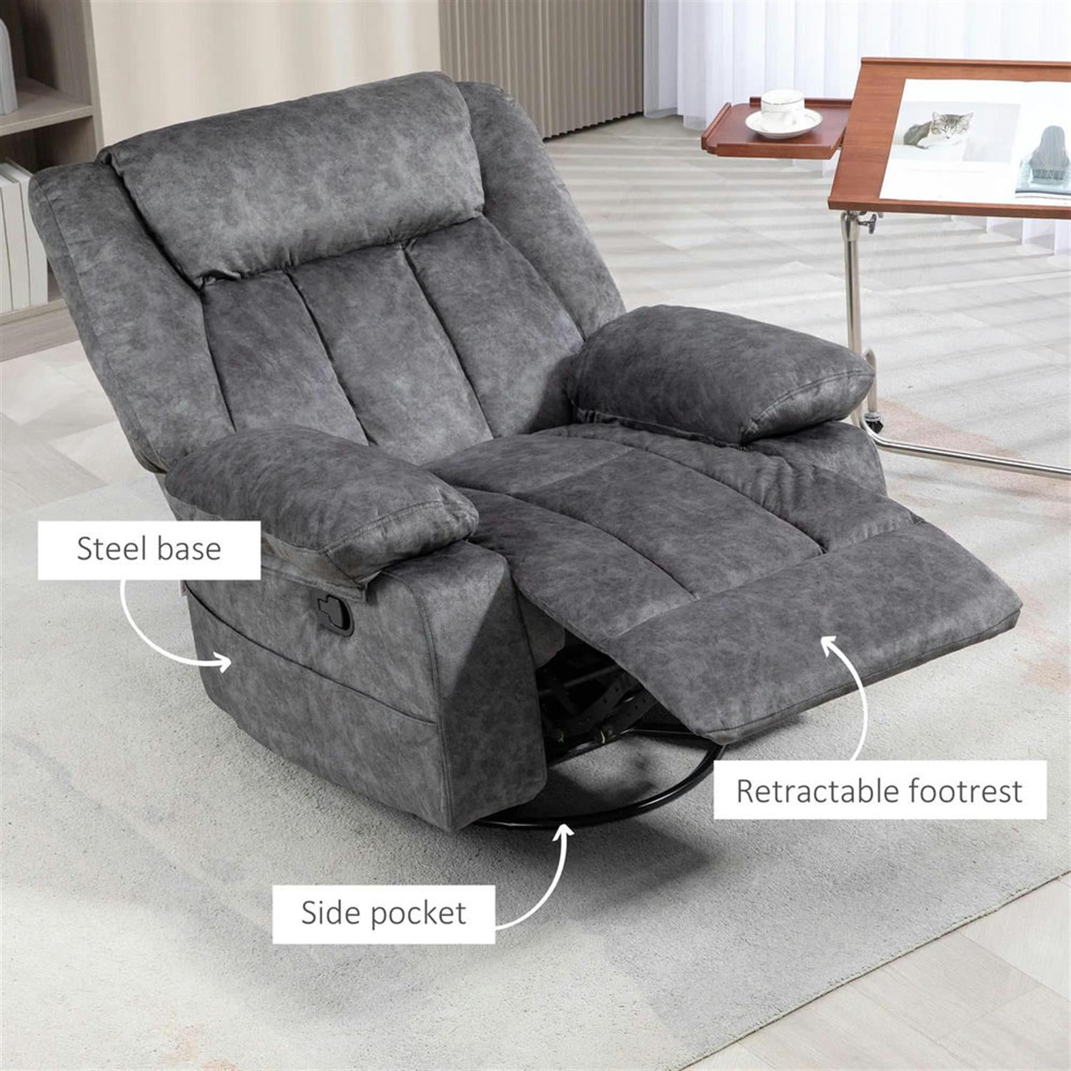 Demi Bonn 39" High-Back Swivel Recliner with Cushion, Comfortable Footrest, Fabric Rocking Chair for Living Room, Gray