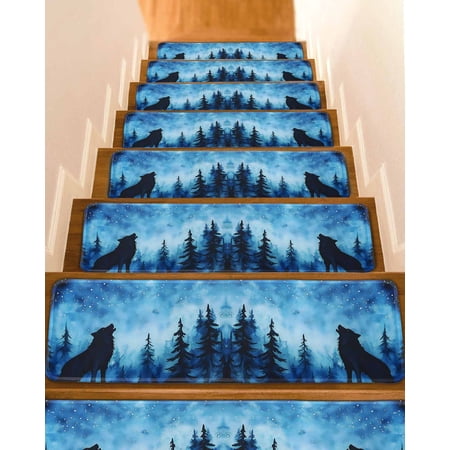 Black Wolf Night Stair Treads for Wooden Steps Indoor Runner Rug Carpet Abstract Forest Silhouette Starry 15 Pieces Peel and Stick Staircase Step Treads Covers Washable Throw Door Mats 30 x8