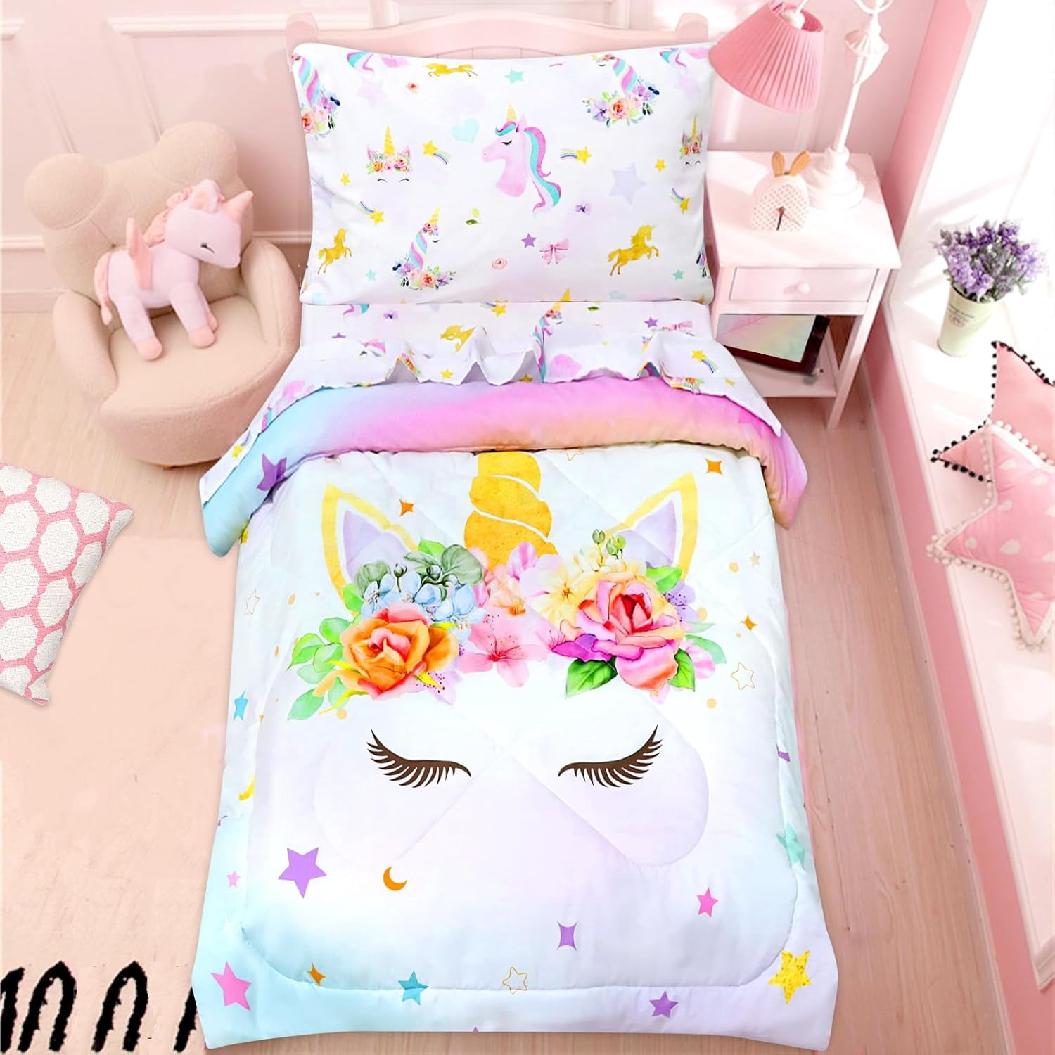 Toddler Bedding Sets for Girls, Unicorn Toddler Crib Bedding Set 4 Piece Pink Floral Toddler Comforter Set Includes Flat Top Sheet, Fitted Sheet, Comforter, Envelope Pillowcase, Soft & Comfort