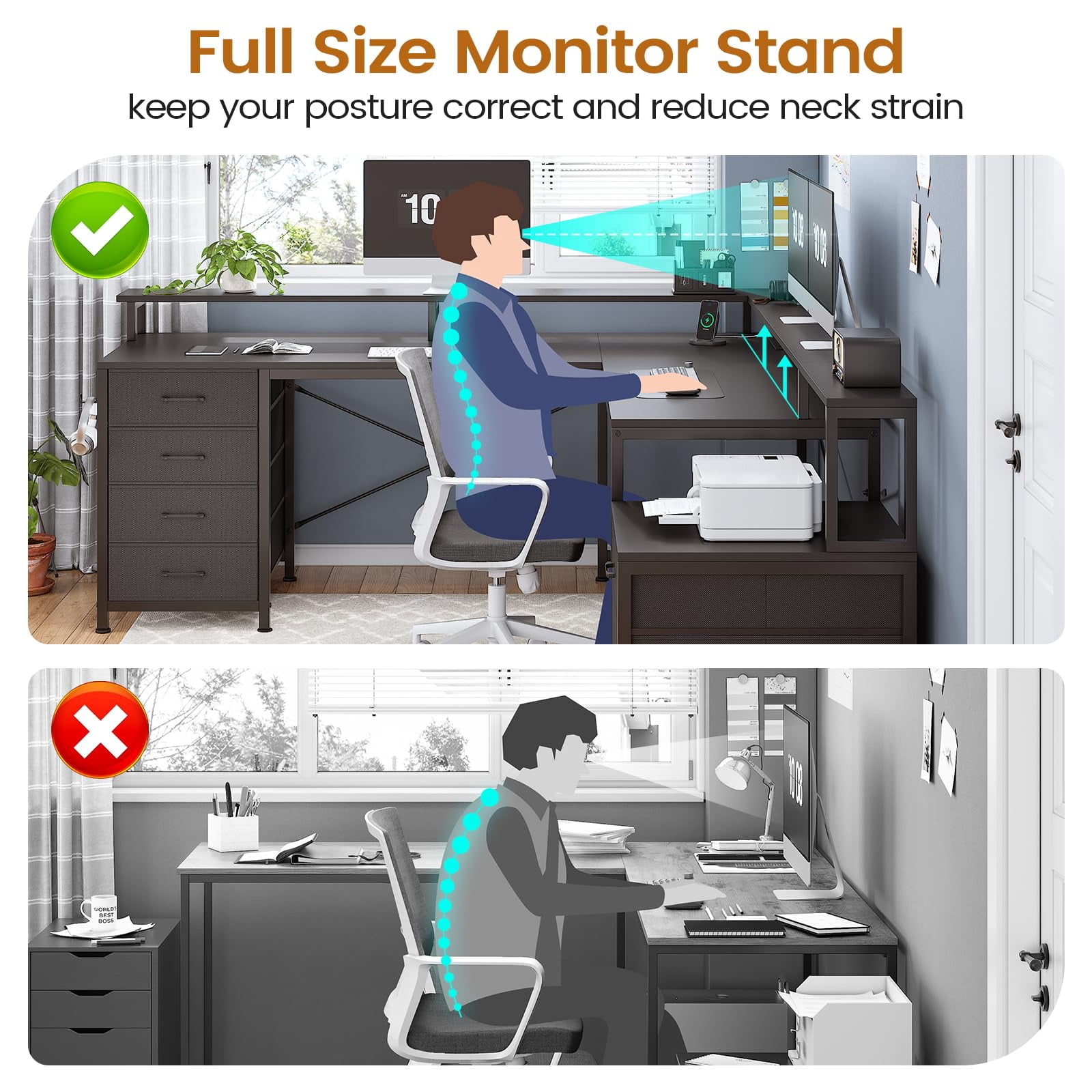 L Shaped Desk with File Drawer & Power Outlet, 108" Home Office Desk with 6 Drawer, Corner Computer Desk with Monitor Shelf, File Cabinet, Two Person Desk, Gaming Desk with Led Lights, Black