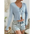 thumbnail image 3 of Women's Front Tie Up Crop Top Shirt Long Sleeve Lace Up Knitted Open Cardigan V Neck Cropped Basic Tees, 3 of 9