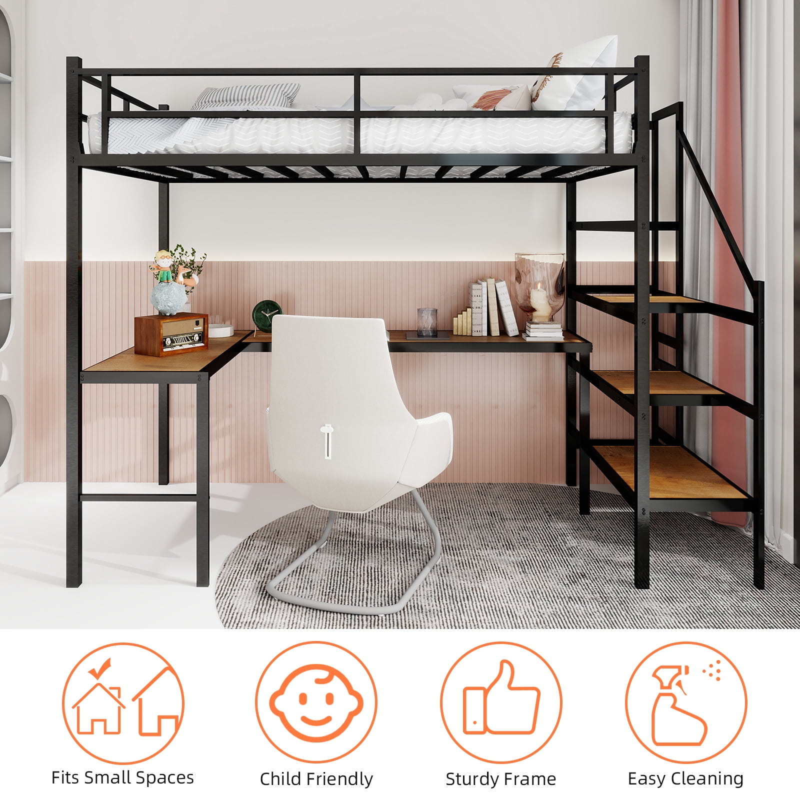Alvantor Loft Bed Twin Size with L-shaped Desk, Metal Bed Frame with stairs for Kids/Teens, No Box Spring Needed Black