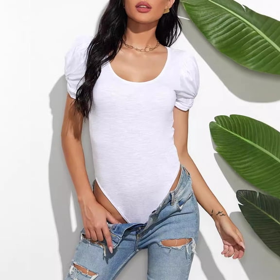 Haivin Women's Shirt Bodysuit, Round Neck Short Sleeve with Pleated Solid Color, Stylish for Daily Casual Wear