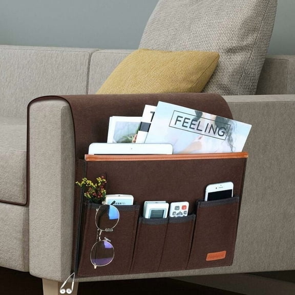 Sofa Armrest Organizer, Armchair Storage Bag with 5 Pockets, Chair Cover for Remote Control, iPad, Magazine, Glasses (Brown)