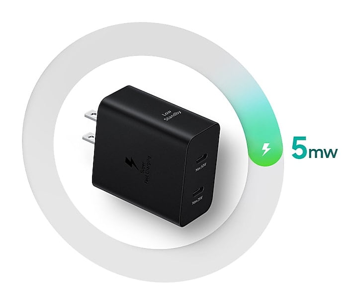 SAMSUNG 50W Duo Power Adapter Wall Charger, 2 Ports, Cable Included, Super Fast Charging 2.0 for Galaxy Phones, Tablets, USB Type C Devices, Low Standby Power Consumption, EP-T5020XBEGCA, Black