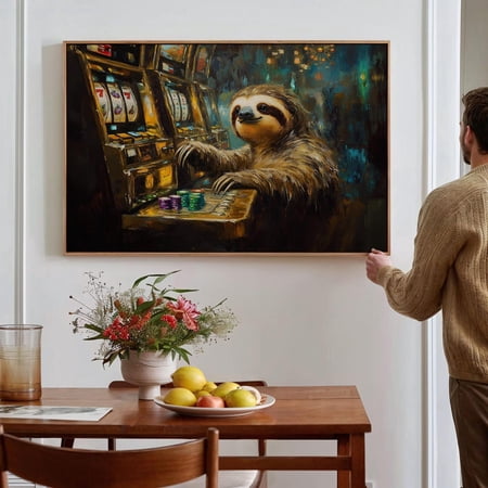 Sloth Gambling Funny Casino Decor Vintage Slot Machine Whimsical Animal Painting Vegas Gambling Aesthetic Wall Art Modern Wall Decor 24x36 UNFRAMED