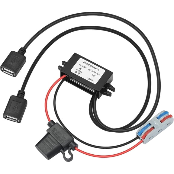 Dual USB Step Down Converter 12/24V, USB Port 8-32V to 5V Buck Converter, DC/DC Voltage Converter 12/24V to 5V3A 15W MAX, with Fuse Waterproof Step Down Transformer, Output Power Adapter