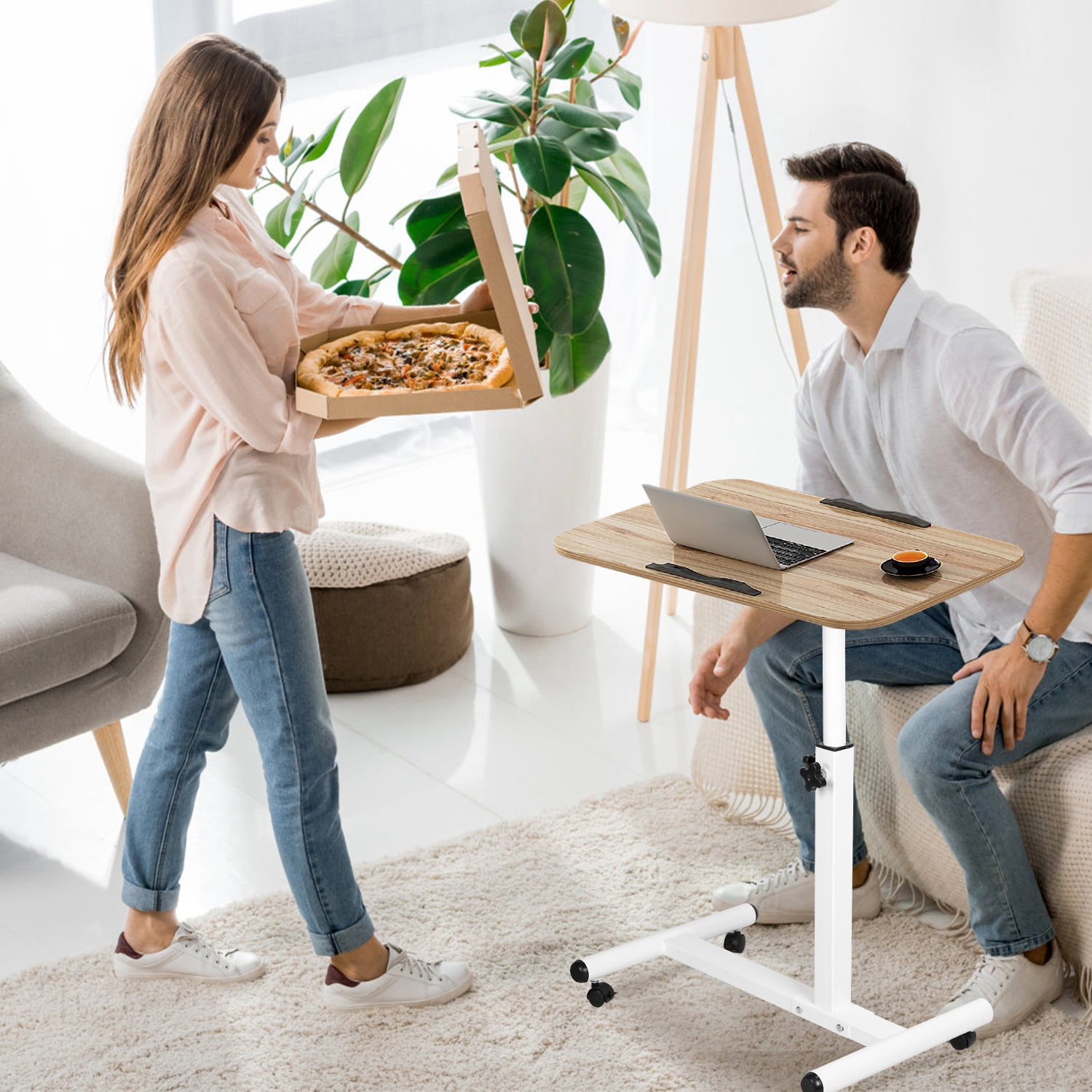 Adjustable Height Rolling Laptop Table Portable Mobile Standing Desk with Wheels Tilting Angle for Home Office 23.6x15.7x37.4in, Wooden