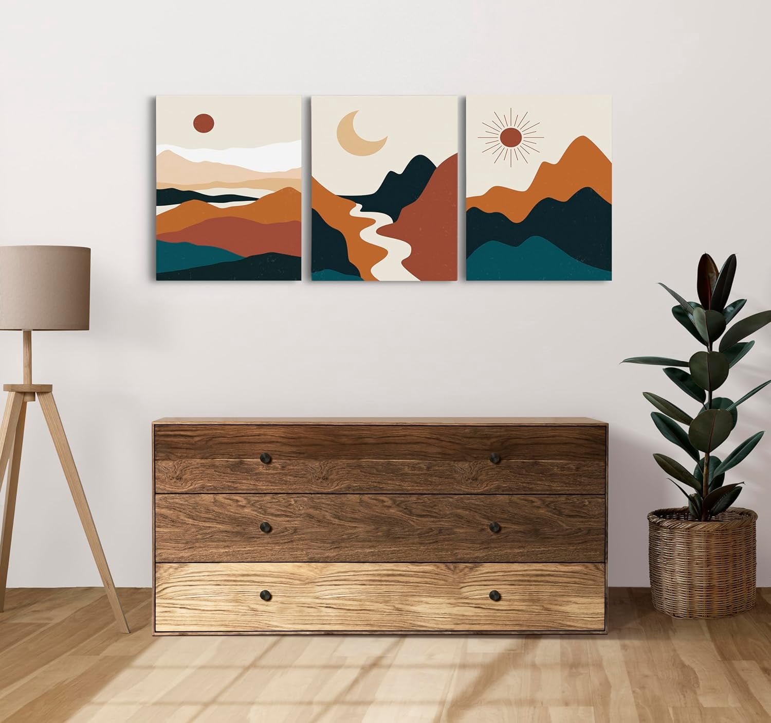 Mountain Canvas Boho Wall Art Nature Abstract Wall Decor Modern Mid Century Landscape Artwork Sun And Moon Prints Pictures for Office Living Room Bedroom Set of 3 Pieces - 12'''' x 16''''