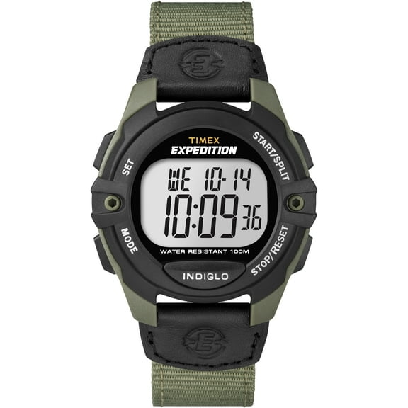 Timex Men's Expedition Digital CAT 41mm Watch – Green & Black Case with Black Fabric & Leather Strap