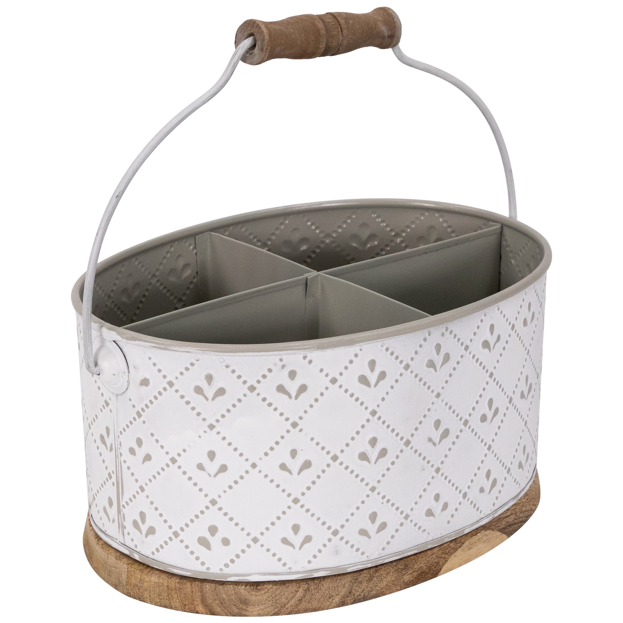 Northlight 10" White Oval Embossed Utensil Caddy with Handle and Wood Base