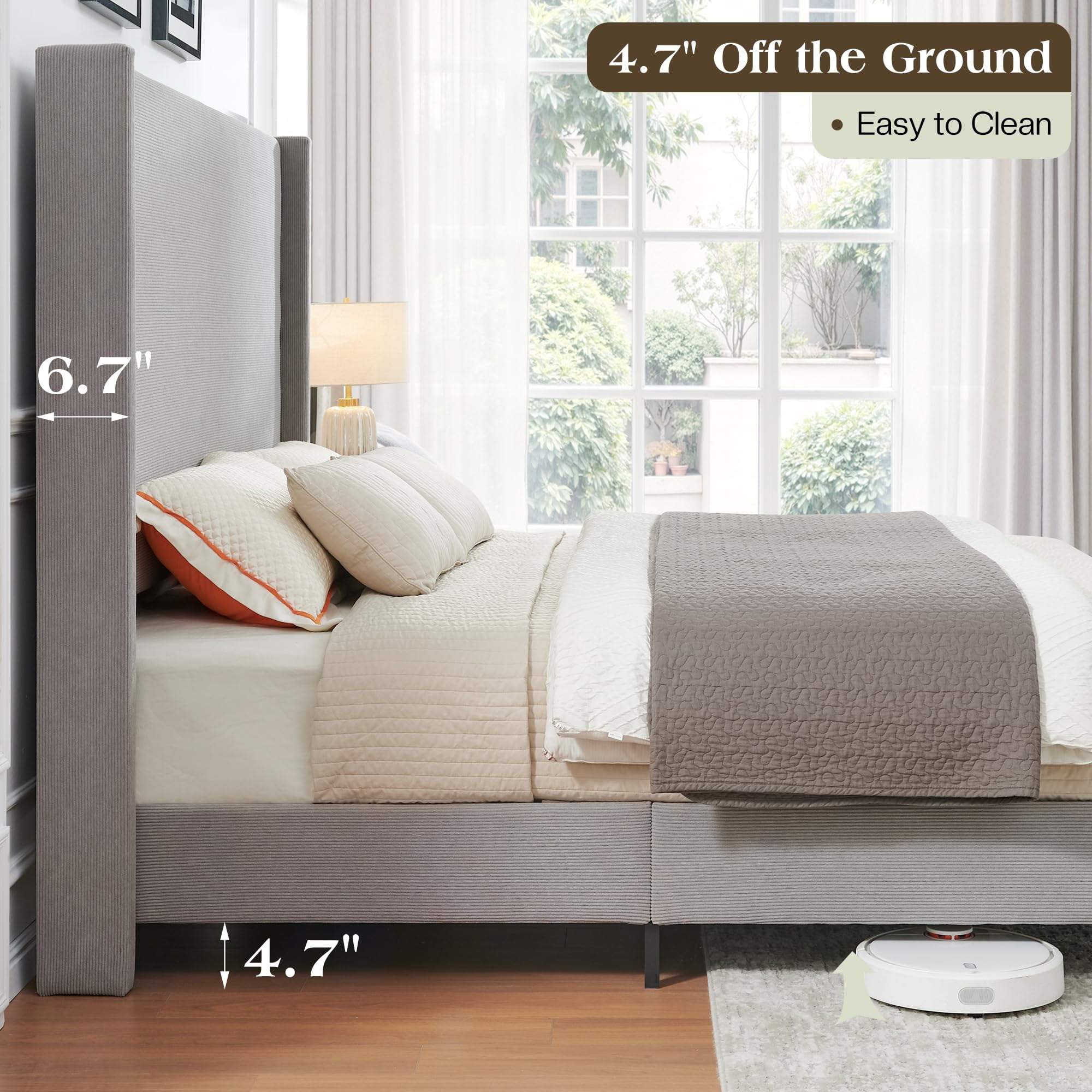 VanAcc King Bed Frame with 65" Tall Headboard, Horizontal Fine Corduroy Bed Frame with Upholstered Wingback, Vintage Solid Wood Gourd Legs, Grey