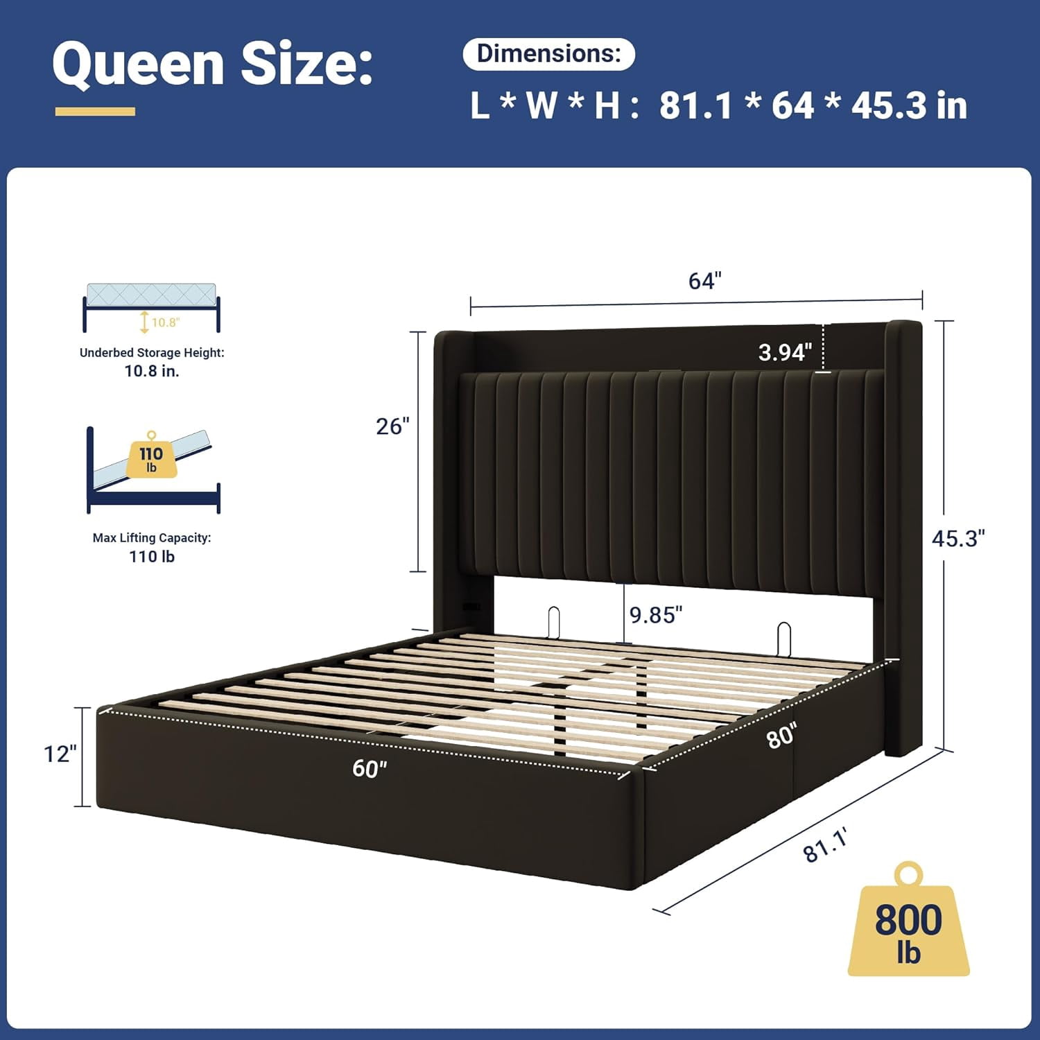 Allewie Queen Size Lift Up Storage Bed Frame, Storage Shelf Headboard with Charging Station, Type-C and USB Ports, Hydraulic Support, Velvet Upholstered Bed Frame, No Box Spring Needed, Black