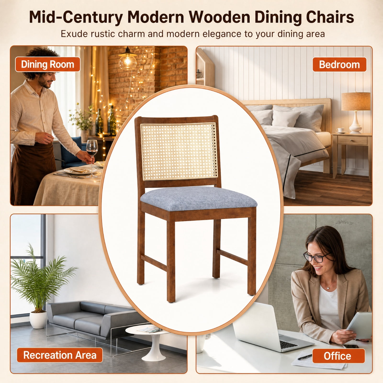 Furnibear Rattan Dining Chairs Set of 2 with Rubber Wood Frame and Linen Fabric Padded Seat for Kitchen and Dining Room, Walnut
