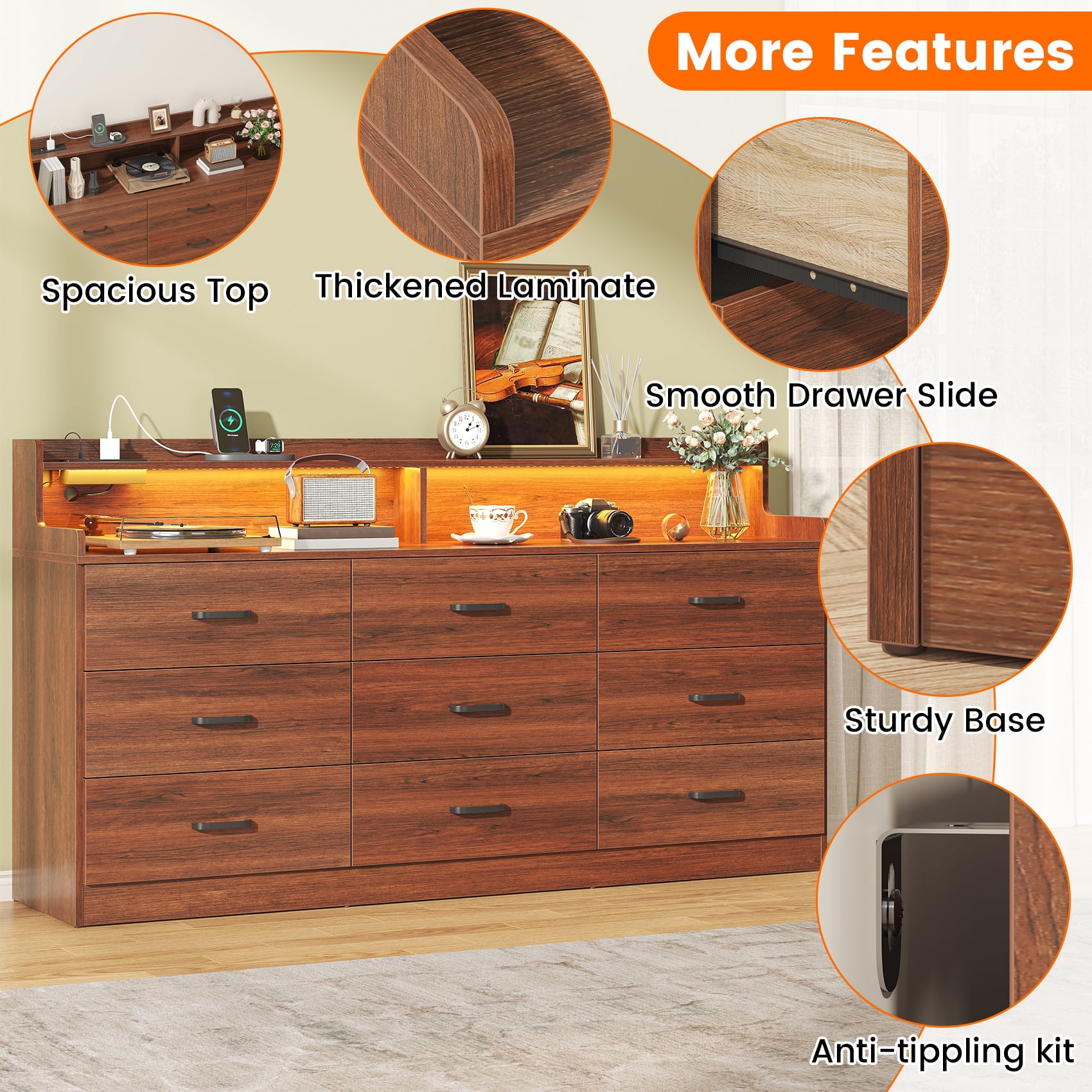 Winkalon 9 Drawer Dresser with LED Light & Charging Station, 63" Long Modern Dresser with 9 Drawers for Bedroom, Wooden Dresser Large Closet of Drawers
