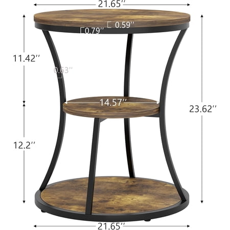 Small Round End Table 3 Tier Side Table with Storage Shelf Vintage Nightstand for Living Room Bedroom Study Rustic Brown Black