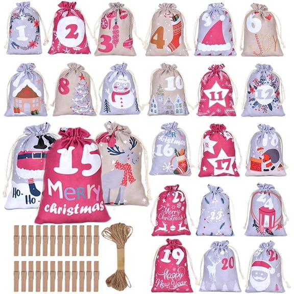 Christmas Advent Sacks to Fill 24-Day Countdown Drawstring Bags,Christmas Countdown Calendar Sacks, Apartment, Farmhouse, Living Room, Game Room, Children, Youth, Family(Z)