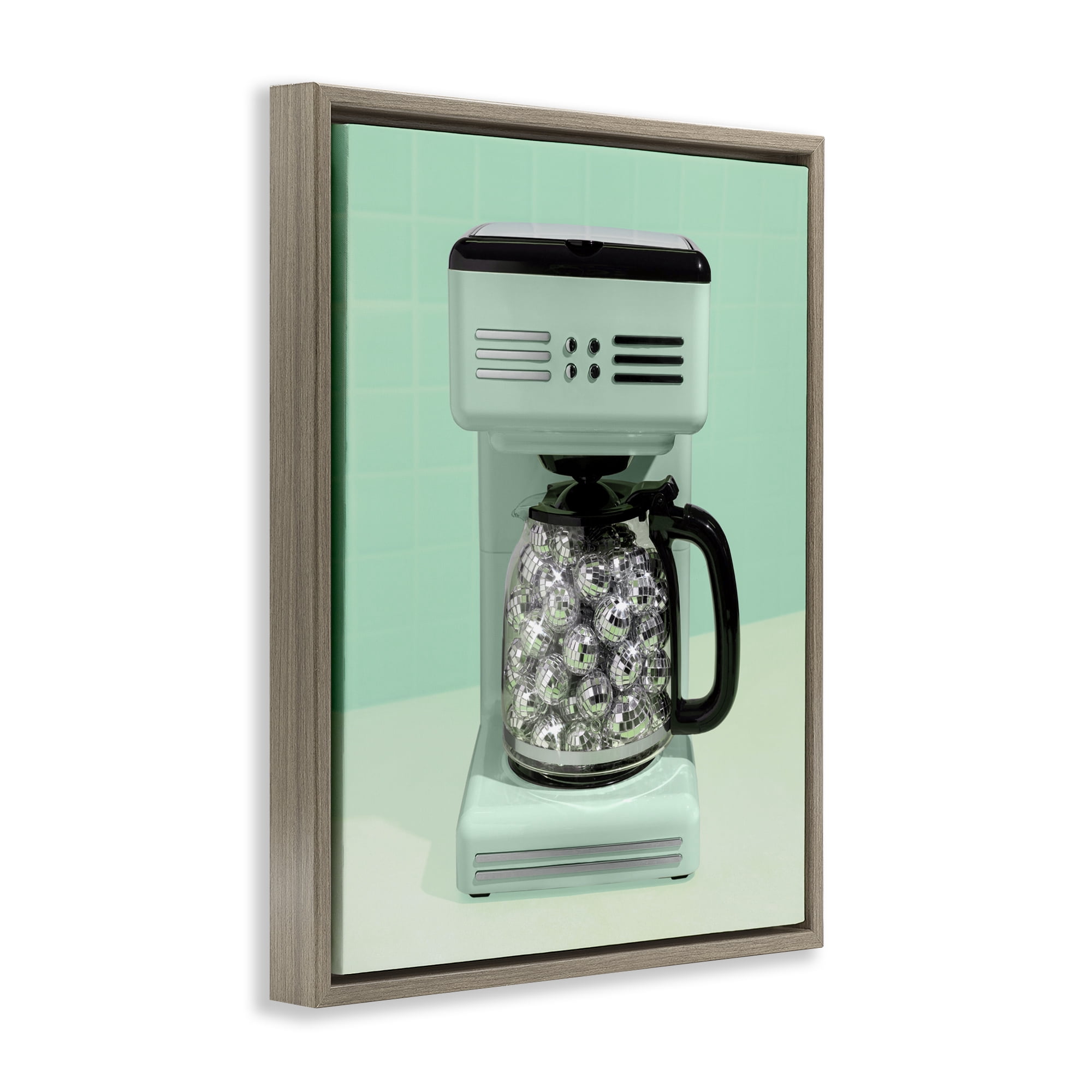 Stupell Industries Disco Coffee Maker over Green Brown Framed Floater Canvas Wall Art, design by LISH Creative