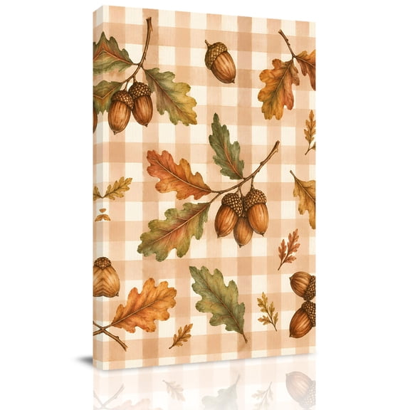 Canvas Wall Art, Thanksgiving Framed Canvas Prints for Living Room Office, Fall Farmhouse Leaves Cones Orange Plaid Extra Large Gallery Wrapped Wall Decor for Home Office, Gifts, 24"x32"