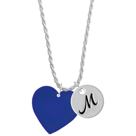Delight Jewelry Acrylic 1" Navy Blue Heart Silvertone Script Initial Disc - M - Charm Necklace, 20"+3"