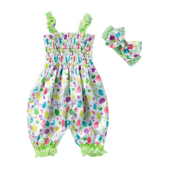 ZACPNCV Newborn Baby Girls Summer Jumpsuit Sleeveless Outfit Print Strap Romper One Piece Jumpsuit Headband 2PC Spring Summer Clothes Set Easter Day Green 6-12 Months