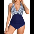 thumbnail image 3 of Trajes de Baño de una Pieza con Control de Abdomen para Mujer, Trajes de Baño Push Up con Cuello Halter Azul y Rayas S, 3 of 8
