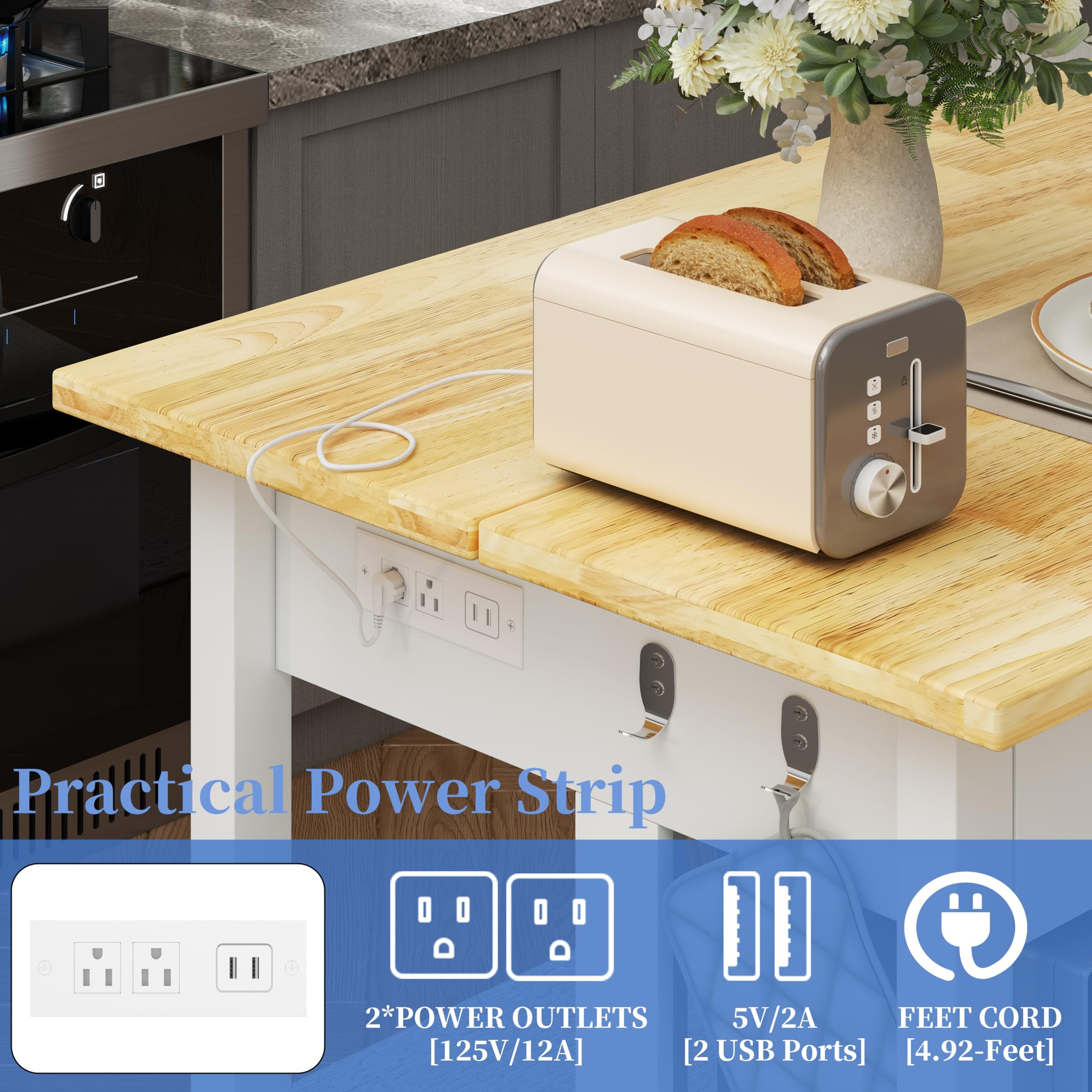 ChicZhiNest Kitchen Island with Storage, 47.3" Solid Rubberwood Top Kitchen Island with Power Outlet and 6 Hooks, White