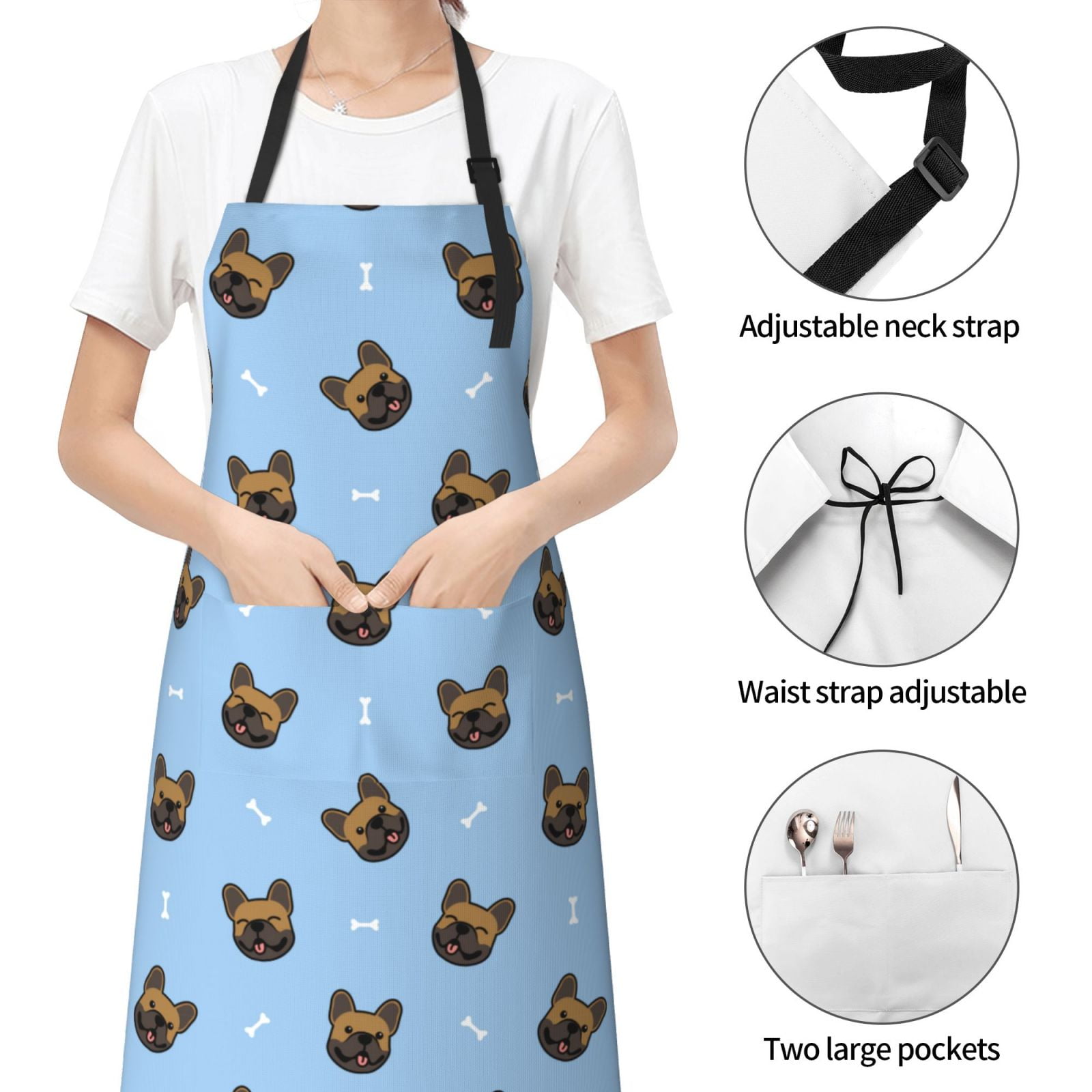 Kdxio french Bulldog Face Apron with Pockets Adjustable Kitchen Aprons for Men Women Waterproof Aprons for Cooking,Drawing,Crafting, Baking Household Cleaning