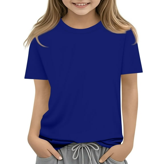 Inglocry Girls Shirts Short Sleeve Soft Cotton Basic T-Shirts Crew Neck Plain Tees Tops Clothes for Kids 5-14 Dark Blue 160