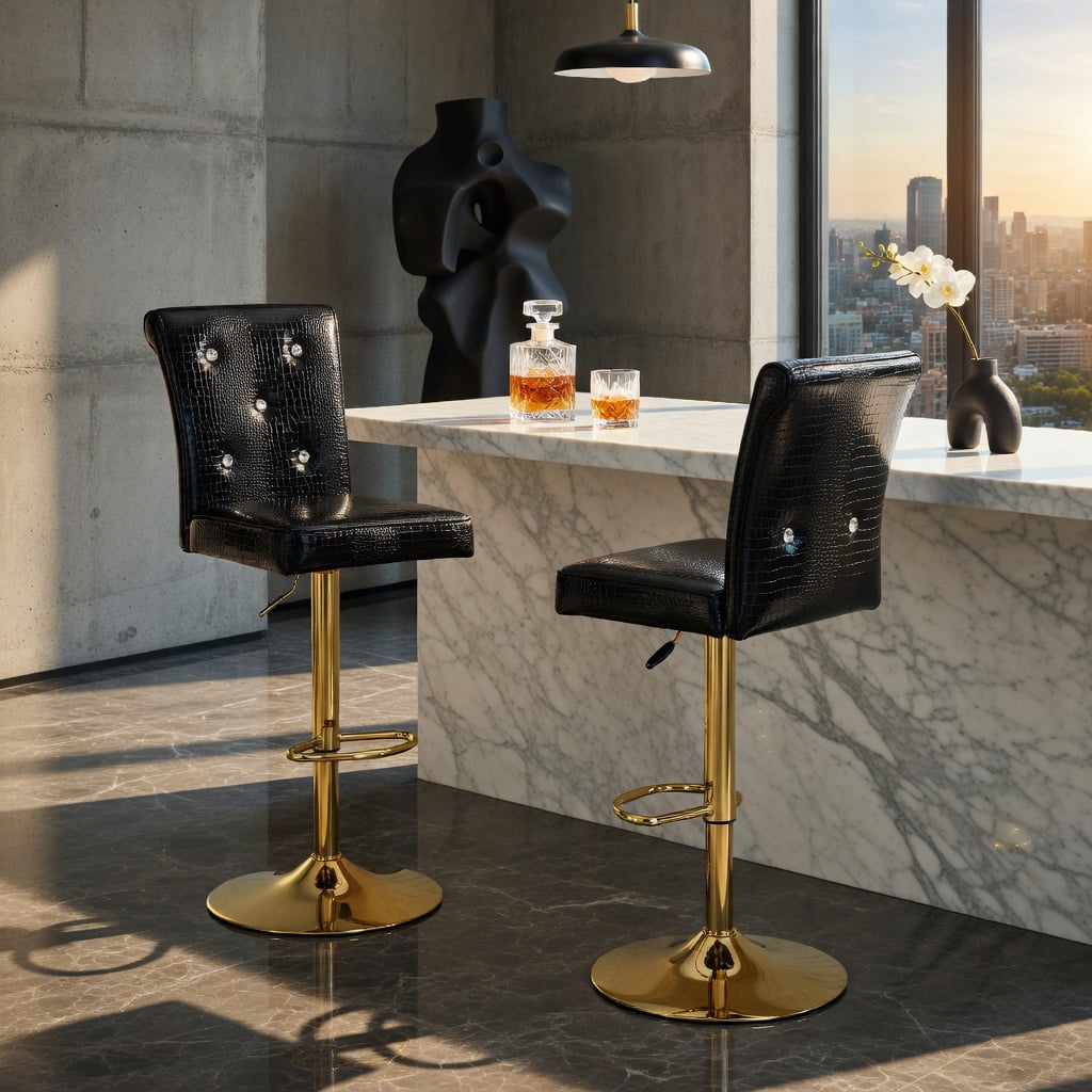 Hommoo 2-Pack Vintage Crocodile-Texture Lift Bar Chairs with Crystal Buckle Accents, Waterproof PVC Leather, Easy Assembly for Dining Room, Kitchen & Bar, Black