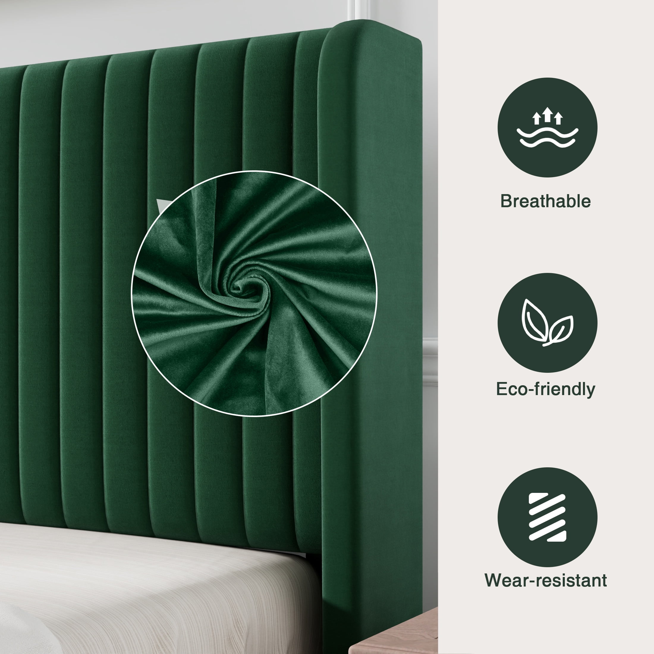 Amolife King Size Bed Frame with Wingback Headboard, Velvet Vertical Stripe Upholstery, Green  (图3)