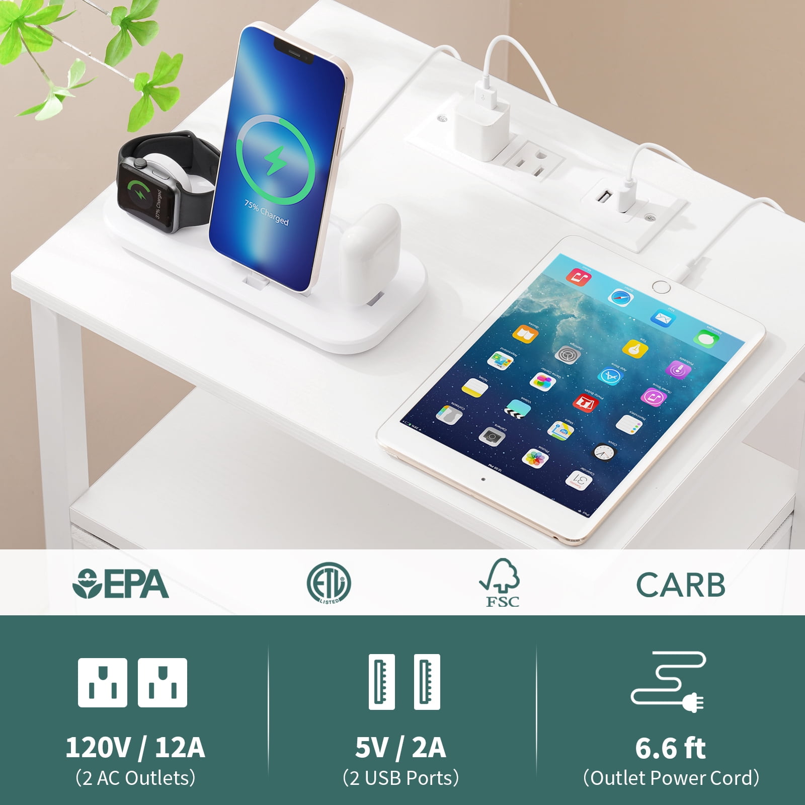 Yoobure LED Nightstand with Charging Station, End Tables with Adjustable Fabric Drawer for Bedroom Living Room,White