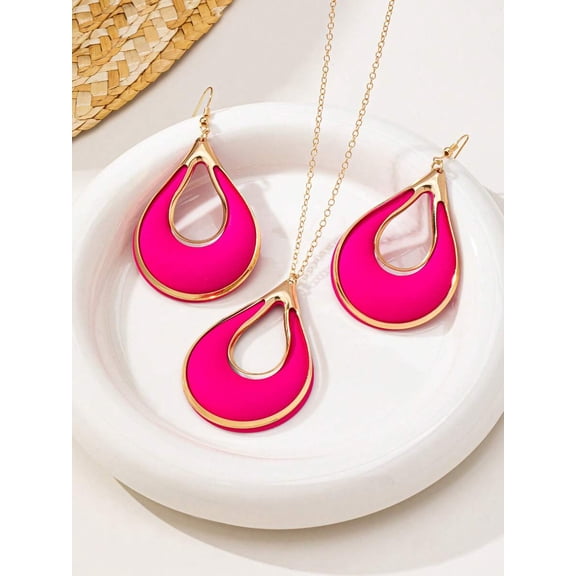 Hot Pink Teardrop Fashion Jewelry Set: Earrings & Pendant Necklace