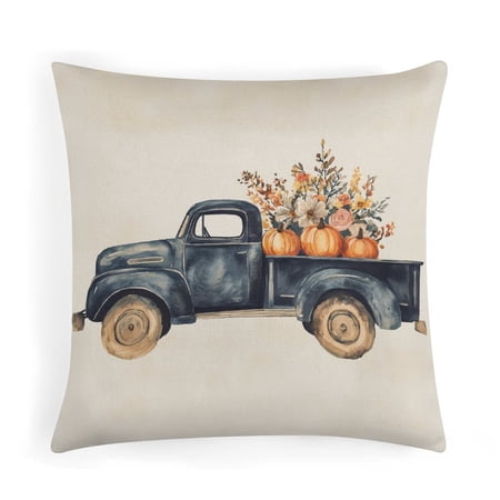 Pillow Cover Navy Blue Truck Fall Pumpkin Floral-1 Linen Cushion Case Outdoor Home Decoration 20 x20 for Couch Car Sofa - No Insert Pillowcover