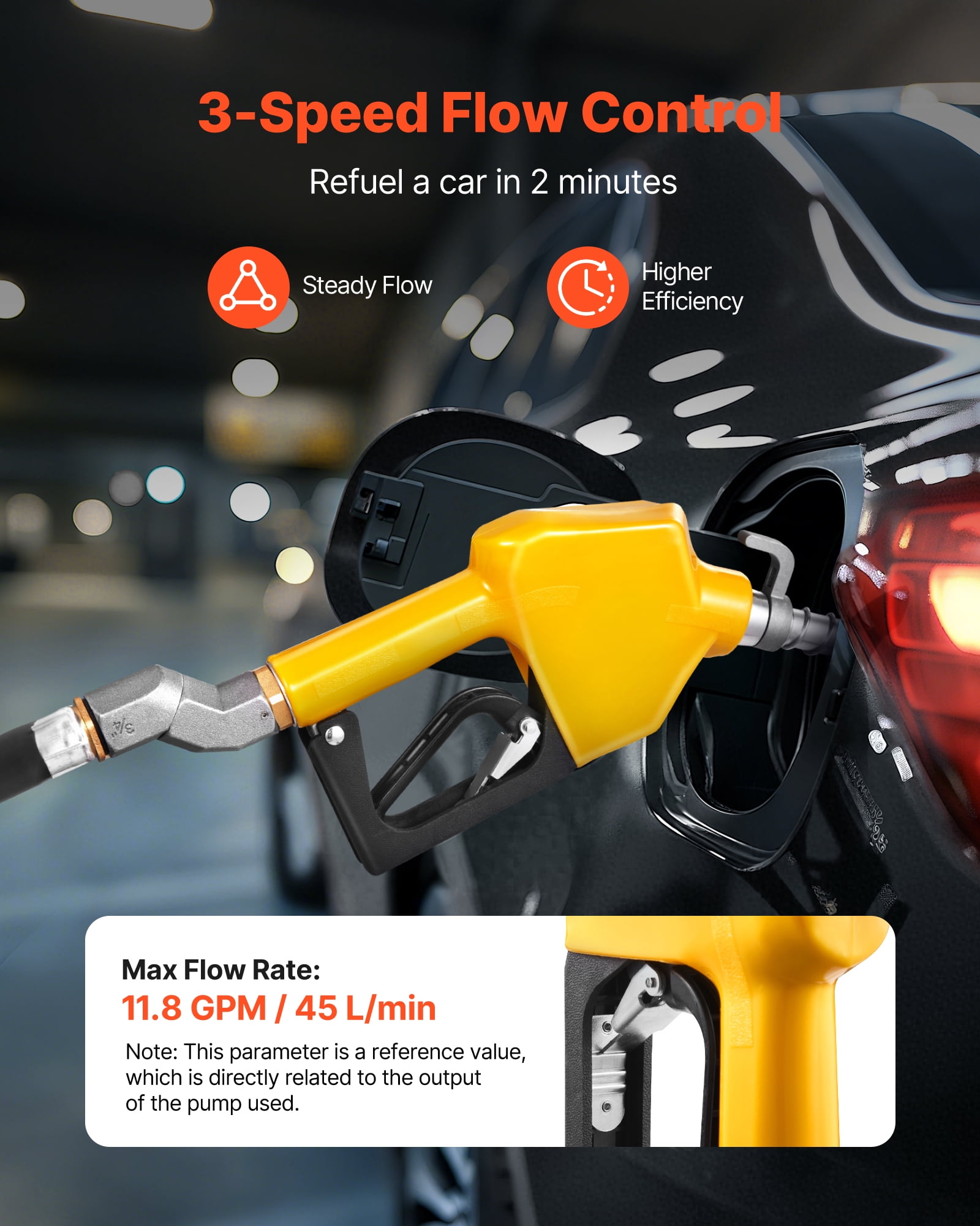 VEVOR 3/4-Inch NPT Automatic Fuel Nozzle with Swivel, Max Flow Rate 11.8 GPM, Auto Shut Off Diesel Gas Pump Nozzle with 3-Speed Trigger Lock & 0.78 in (OD=20 mm) Spout for Gasoline, Diesel, Kerosene