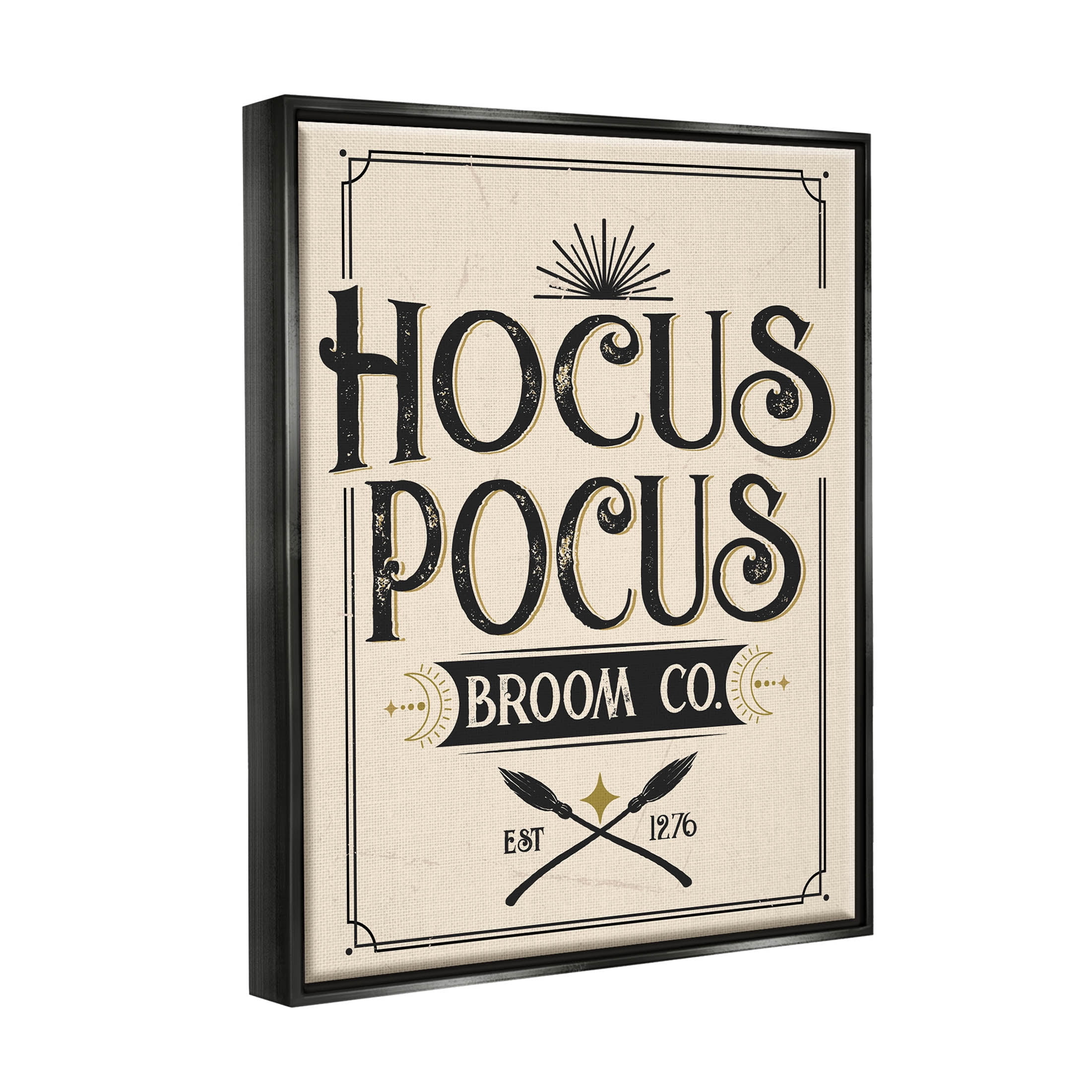 Stupell Industries Vintage Hocus Pocus Broom Sign Graphic Art Jet Black Floating Framed Canvas Print Wall Art, Design by Angela Nickeas