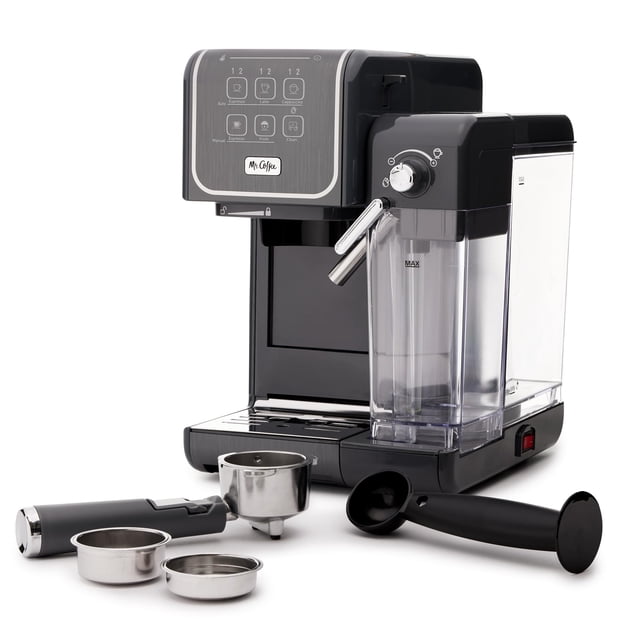 mr. coffee cafetera one touch coffeehouse+, capuchino y café con leche, gris máquina de espresso de mostrador con interfaz táctil One-Touch y barra de progreso, tanque de leche transparente extraíble de 18 oz, boquilla vaporizadora, bandeja de goteo ajustable y accesorios incluidos (filtros simple y doble, cucharilla y prensador); adecuada también para preparar bebidas estilo cafetería en oficinas pequeñas o cocinas domésticas.