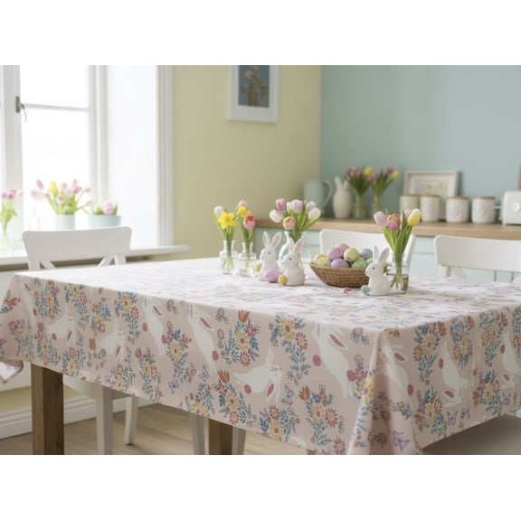 Serafina Home Easter Bunny Vinyl Tablecloth, Spring Welcome Signs to Egg Hunt, Some Bunny Loves You - Flannel Backed Vinyl Tablecloth, 60" Inch Diameter Round