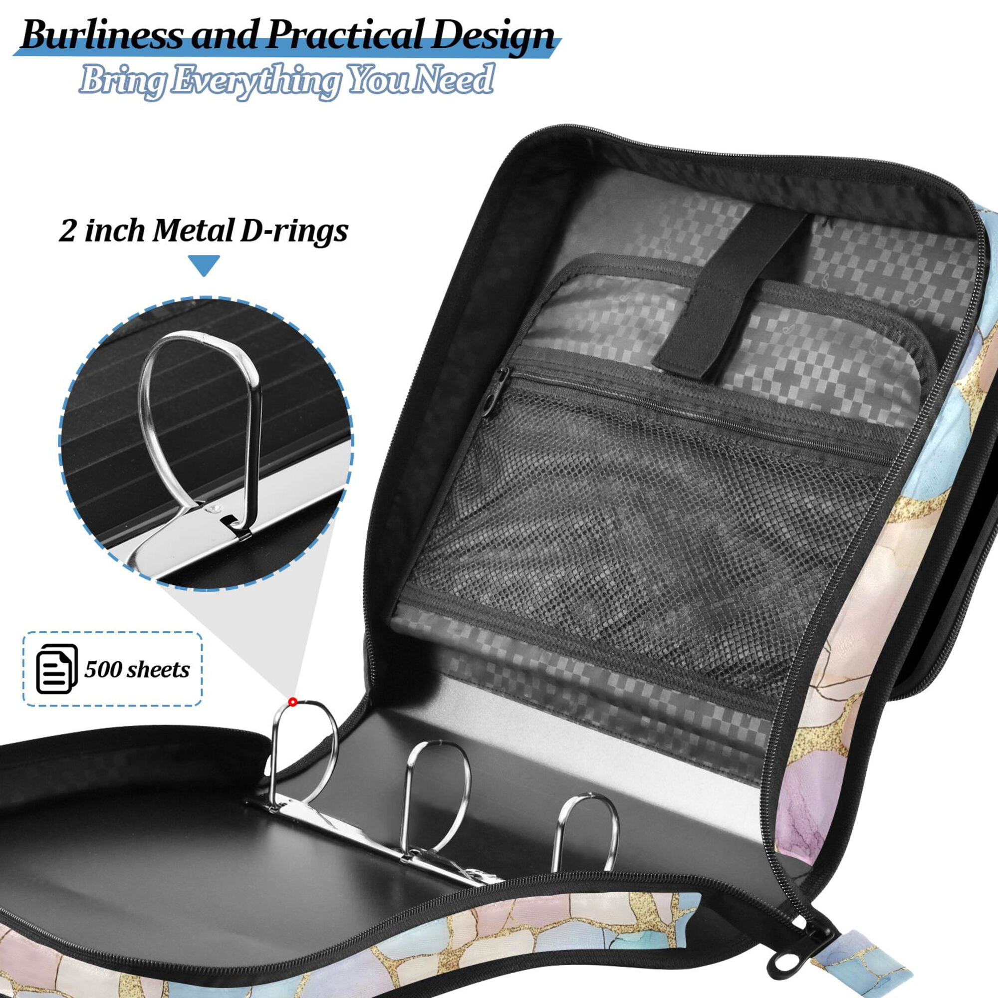 FORMRS Zipper Binder with Shoulder Strap 2-inch Ring 500 Sheet Capacity File Bag, Elegant Marble Pattern