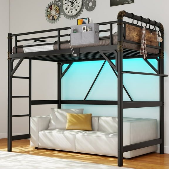 Hijob Twin Size Loft Bed with Removable Charging Station, LED Lights, Industrial Heavy Duty Metal Twin Loft Bed with Multi-functional Fabric Storage and Safety Guard Rails for Space, Black