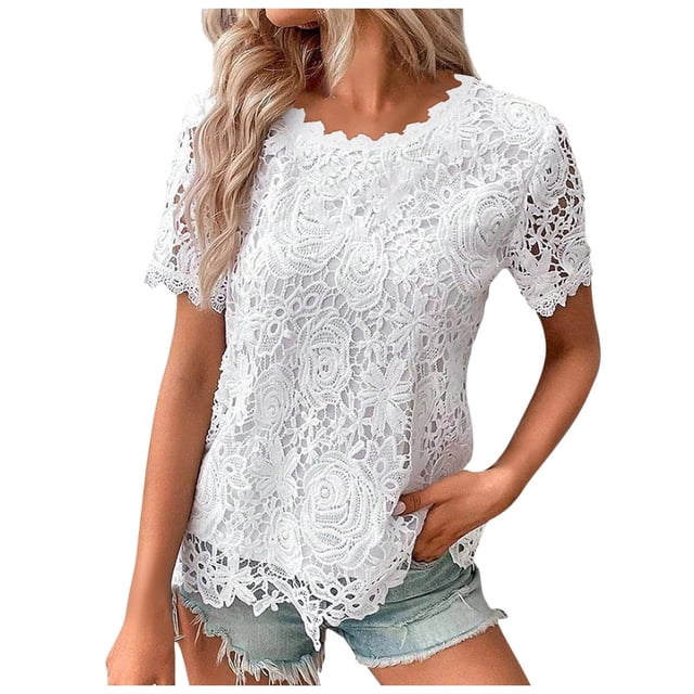 Haut en Dentelle pour Femmes, Col Rond Crocheté, Manches Courtes, Mode Été, T-shirt Décontracté, TG