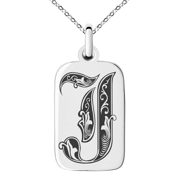 Tioneer Stainless Steel Letter J Initial Royal Monogram Engraved Small Rectangle Dog Tag Charm Pendant Necklace