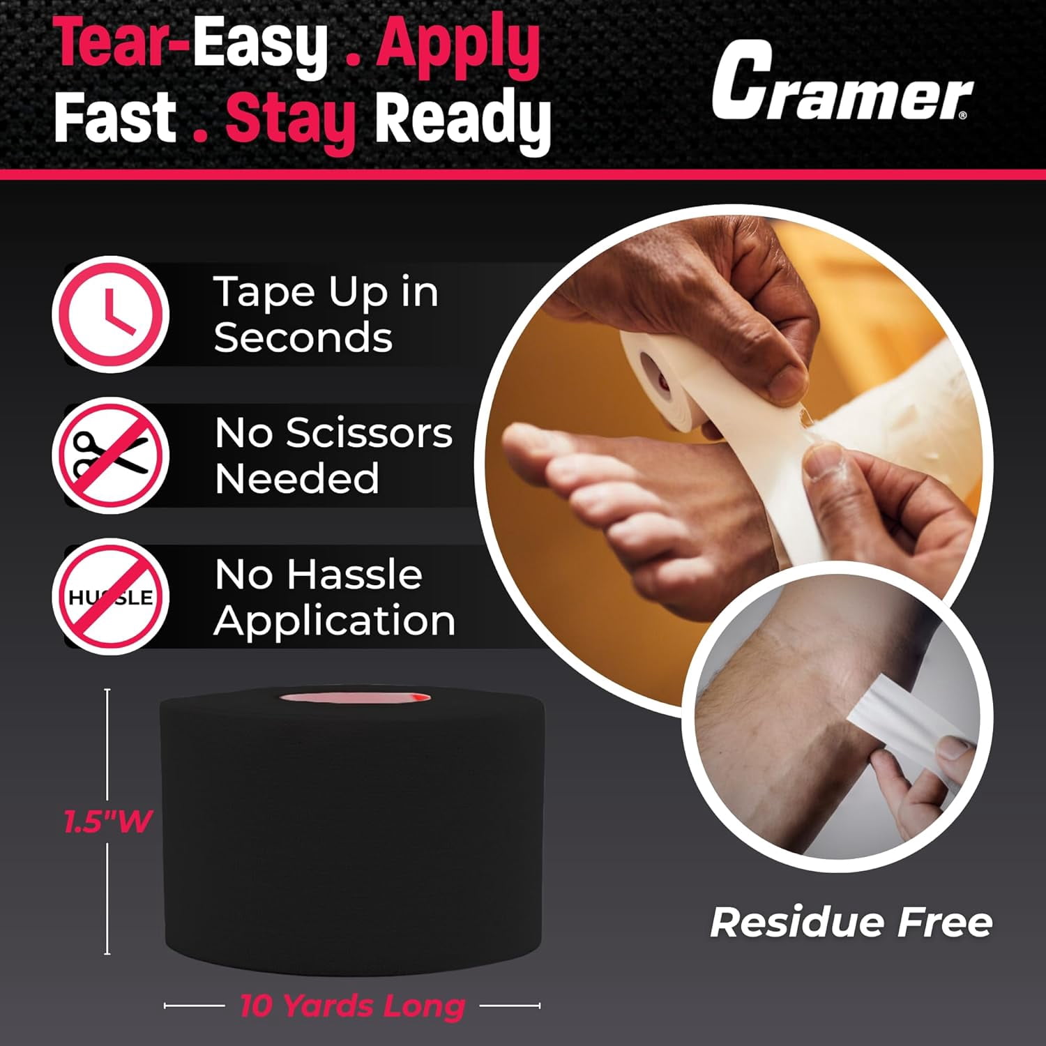 Cramer Team Athletic Tape, Black, Easy Tear, Ankle & Wrist Taping, 6-Pack, 1.5" X 10 Yard